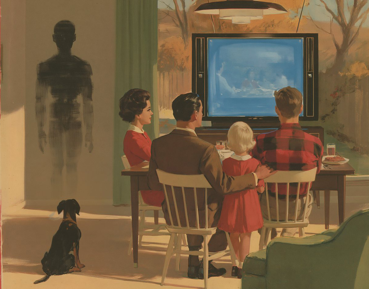 A household at the edge of the shared environment; a figure at the wall the dog alone has noticed