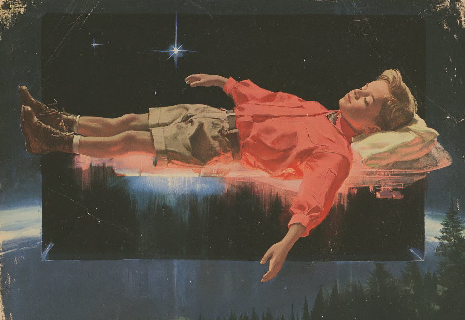 A figure lifted in a column of light above a settlement at night